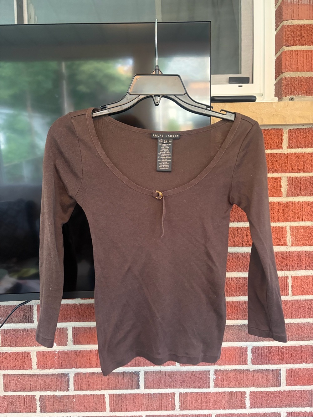 Ralph Lauren Brown Scoop-Neck Long Sleeve Top with Ring Detail